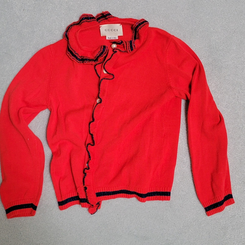 Gucci Girl's Vibrant Red Cardigan with Ruffled Trim